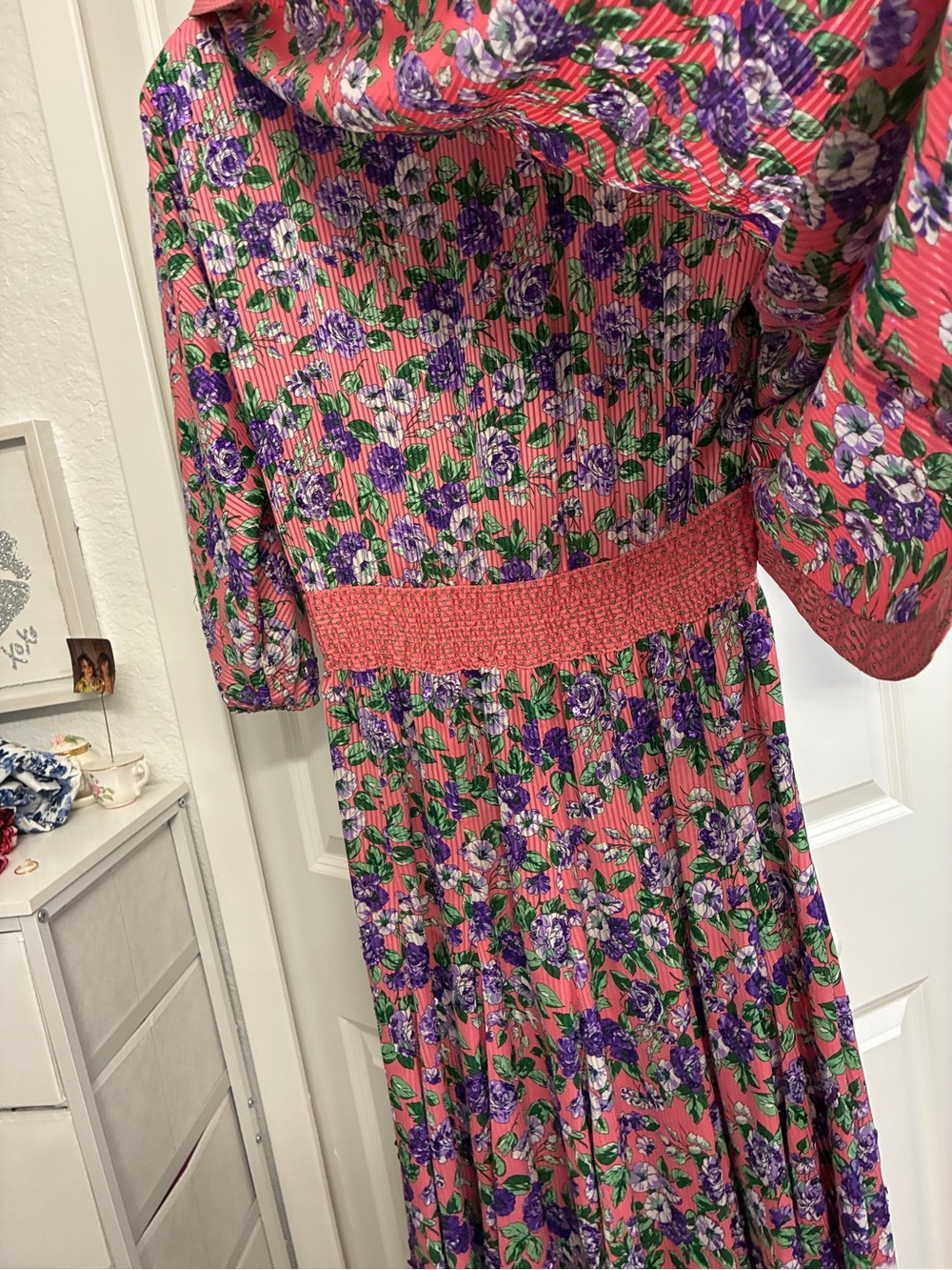 Floral Pink Midi Dress with Purple Bloom Print - Picture 9 of 10